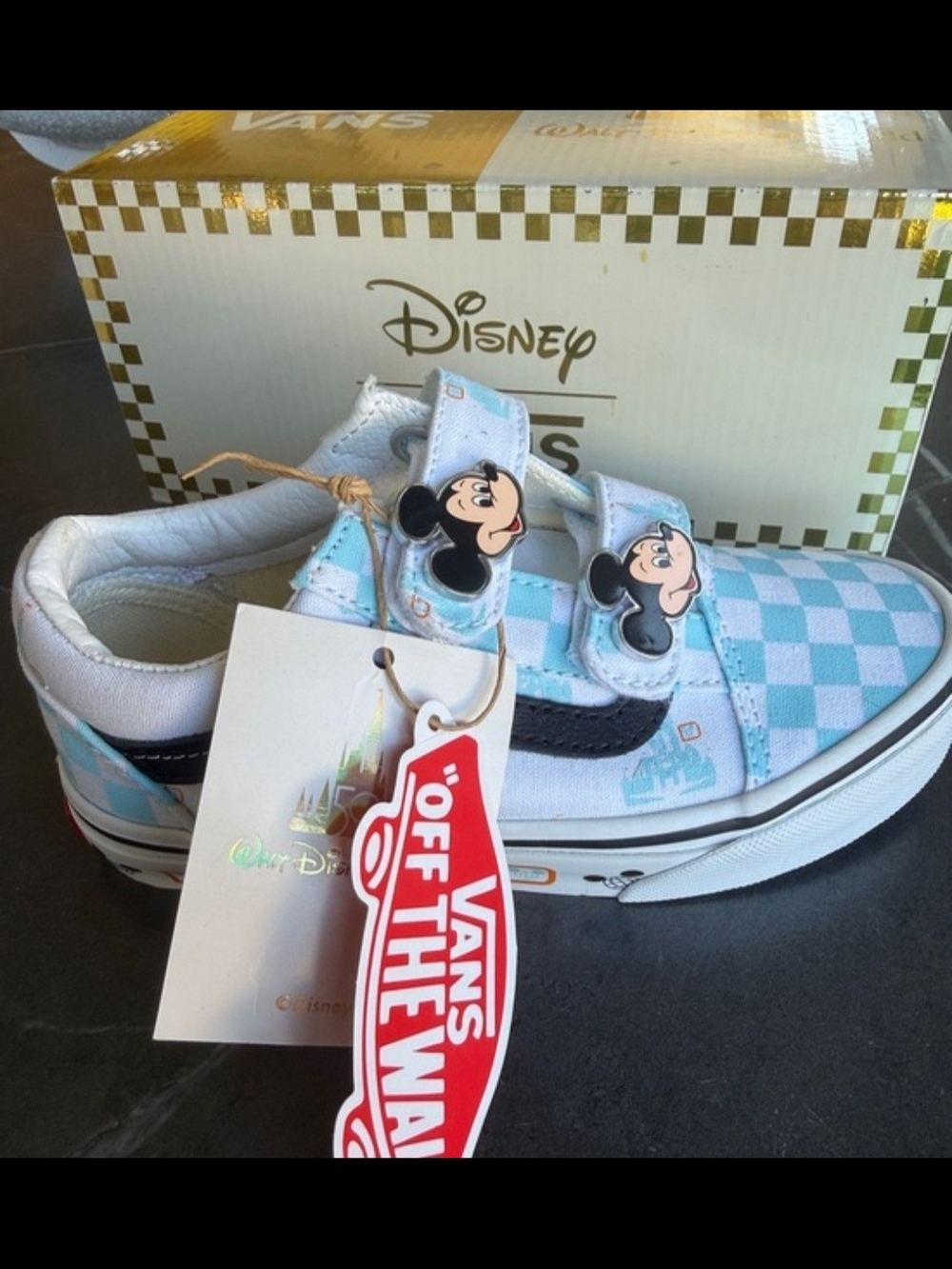 Vans Kids Light Blue and White Checkerboard Mickey Mouse Velcro Sneakers